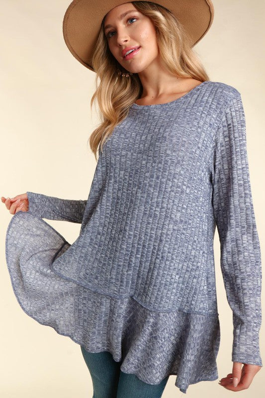 Long Sleeve Two-Toned Rib Tunic Top