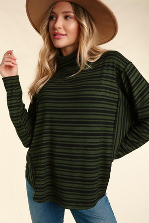 TURTLE NECK LONG SLEEVE STRIPE RIB KNIT TOP