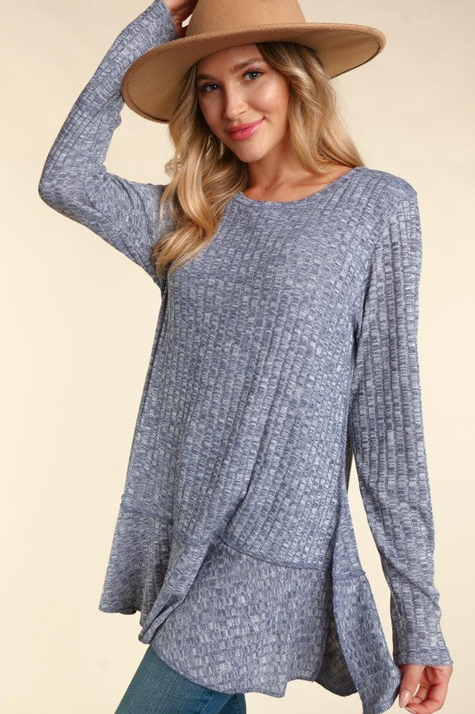 Long Sleeve Two-Toned Rib Tunic Top