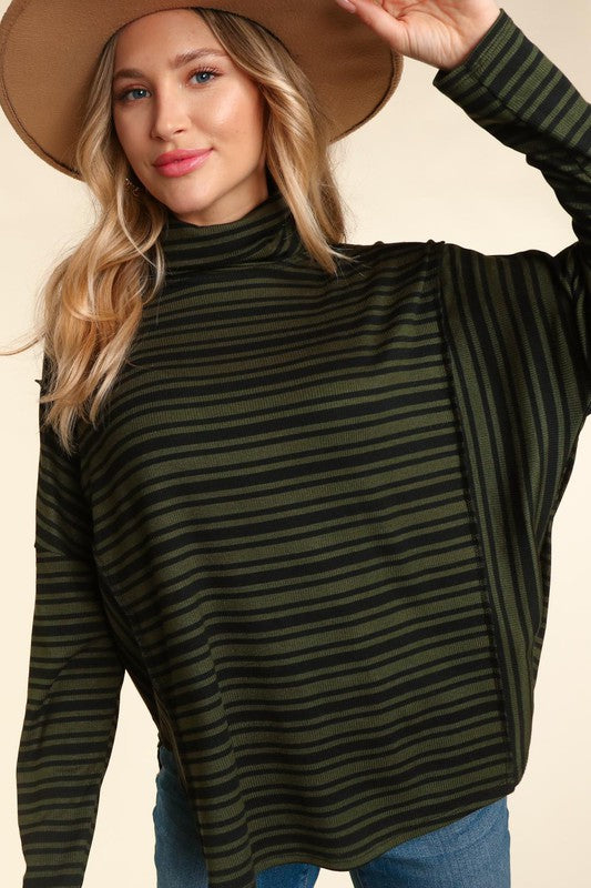TURTLE NECK LONG SLEEVE STRIPE RIB KNIT TOP