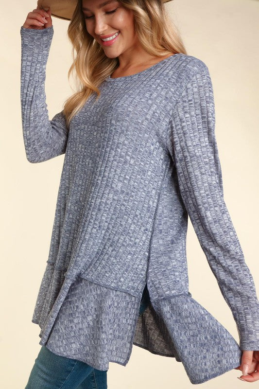 Long Sleeve Two-Toned Rib Tunic Top