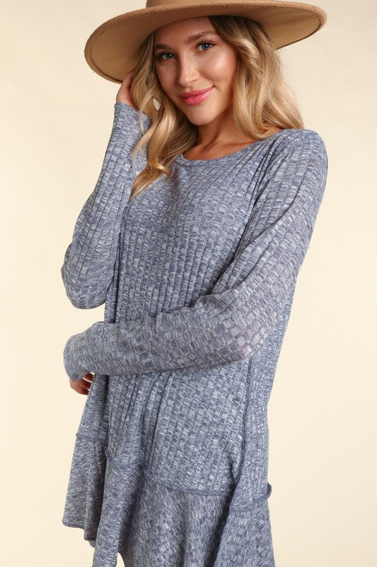Long Sleeve Two-Toned Rib Tunic Top