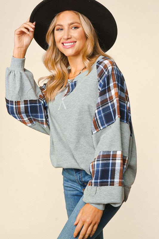 Thermal Knit Plaid Woven Pullover