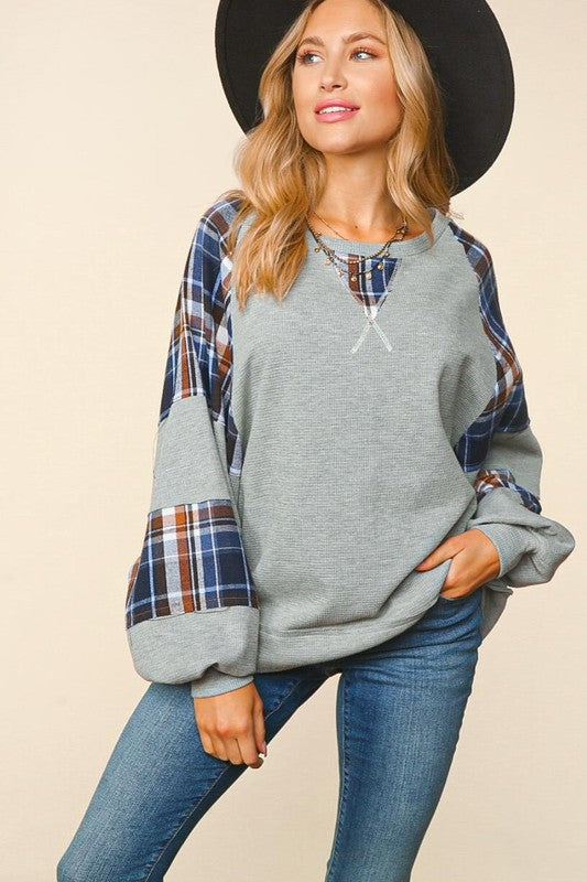 Thermal Knit Plaid Woven Pullover
