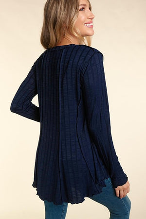 LONG SLEEVE PRINCESS LINED WIDE RIB KNIT TOP
