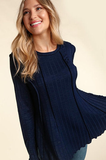 LONG SLEEVE PRINCESS LINED WIDE RIB KNIT TOP