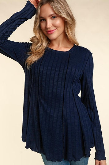 LONG SLEEVE PRINCESS LINED WIDE RIB KNIT TOP